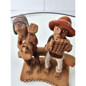 Vintage Peruvian Handmade Clay Figurine Guitar and‎ Flute Players